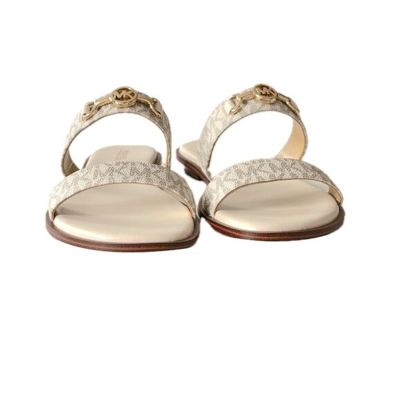 SOLD Michael Kors Wm Sz 8 SlipOn Flat Sandal Ivory Tan Logo Leather Gold Logo - Picture 11 of 14